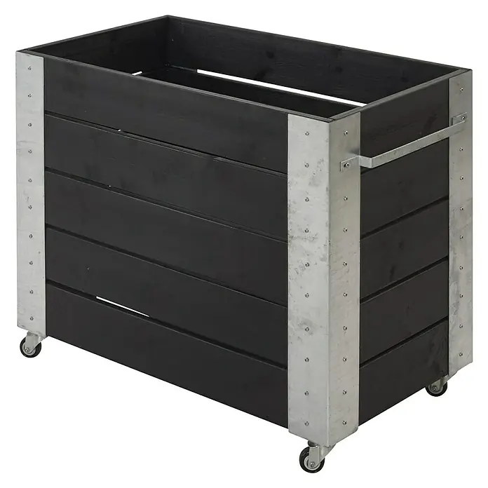 Plus Pflanzkübel eckig Cubic - 87 x 50 x 70 cm, Schwarz, Kiefer - Ein geräumiger, schwarzer Holzkasten mit metallverstärkten Ecken und Rollen für einfachen Transport. Ideal für stilvolle Aufbewahrung.