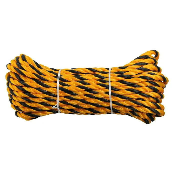 Stabilit PP-Seil - Ø x L: 10 mm x 25 m, 3-schäftig gedreht, Schwarz/Gelb - Nahaufnahme eines Bündels gelb-schwarzen Polypropylenseils, zusammengehalten durch weiße Kabelbinder.