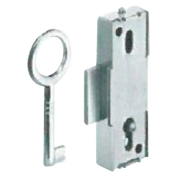 Stabilit Cerrojo con bloqueo - Medida de mandril: 10 mm - Imagen de una cerradura de armario plateada con su llave correspondiente.