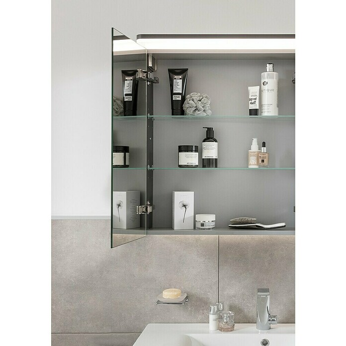 Modern 3.0 LED-Spiegelschrank (B x H: 120 x 70 cm, Mit Beleuchtung, Spanplatte, Eiche Maron)