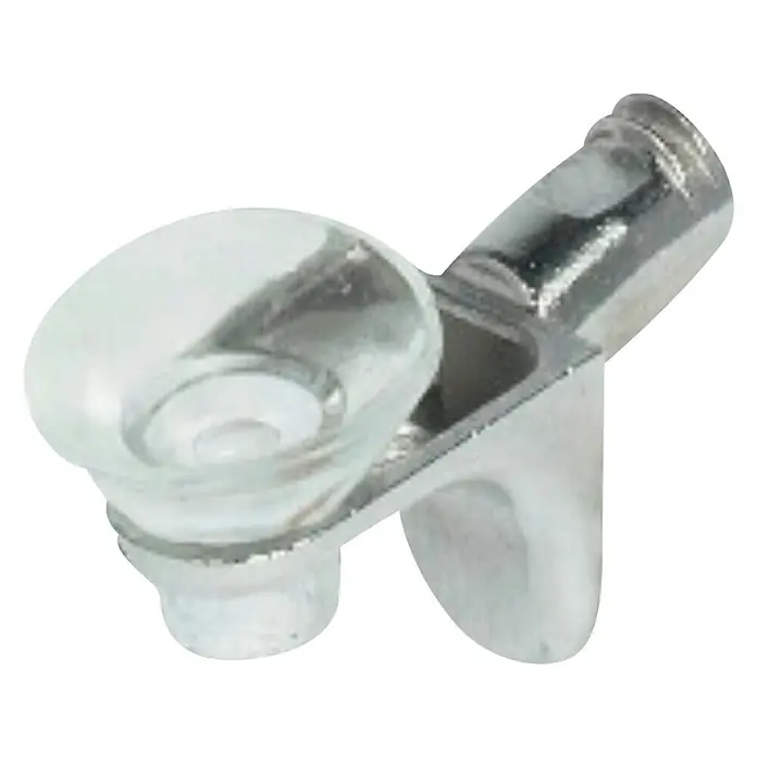 Stabilit Soporte para estantes de cristal - 5 mm, Plateado, Zinc fundido - Primer plano de un soporte de estante de vidrio plateado brillante con un inserto transparente en forma de cúpula.