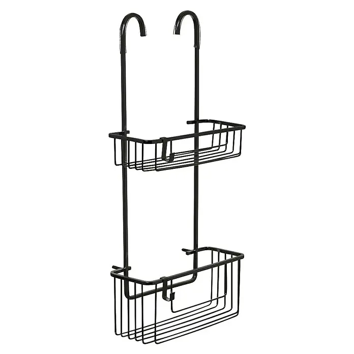 Tatay Aluminium Cesta de baño - 13,5 x 28 x 60 cm, Aluminio, Negro - Un organizador de ducha negro con dos estantes para colgar sobre la pared de la ducha, ofreciendo un práctico almacenamiento.