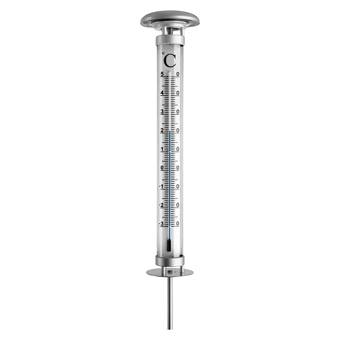 TFA Dostmann Gartenthermometer Solino - Analog, Silber - Nahaufnahme eines Temperaturmessers mit einer Skala von -3 bis 5 Grad Celsius zur Temperaturmessung von Flüssigkeiten.