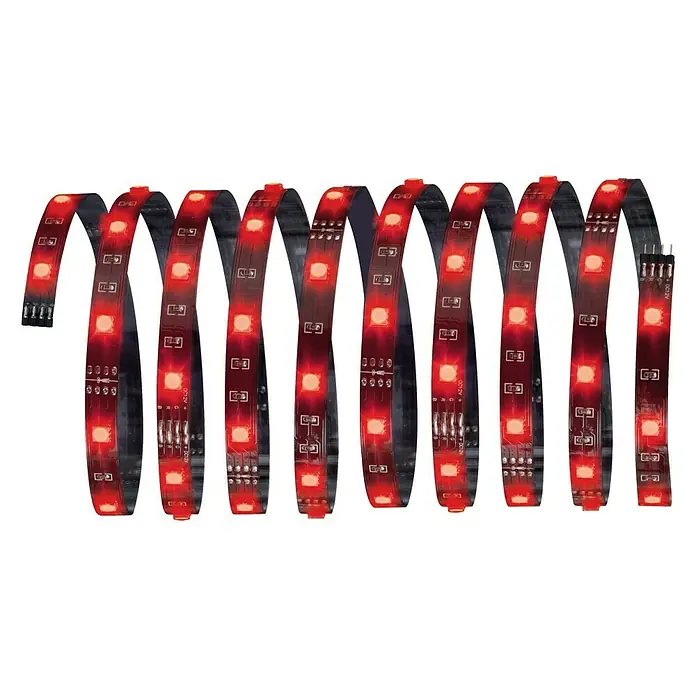 Paulmann LED-Band YourLED Eco RGB - Länge: 5 m, RGB, 36 W, 1.050 lm, 12 V - Nahaufnahme eines roten LED-Streifens mit mehreren roten LEDs. Ideal für dekorative Beleuchtung und Akzentuierung im Innenbereich.