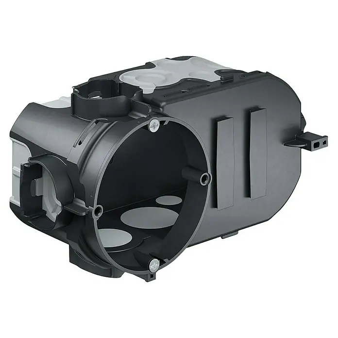 Kaiser Schalterdose ECON® luftdicht - Schwarz - Nahaufnahme einer schwarzen Verteilerdose mit diversen Anschlussmöglichkeiten und runder Öffnung für Kabelinstallationen.