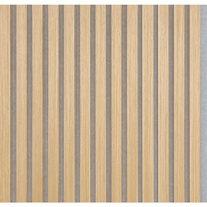 FibroTech Akustikpaneel Quanti - Light Oak grau, 2.440 x 520 x 18 mm - Wandpaneel aus hellem Holz mit grauen Akzenten, das eine moderne und natürliche Ästhetik für Innenräume bietet.