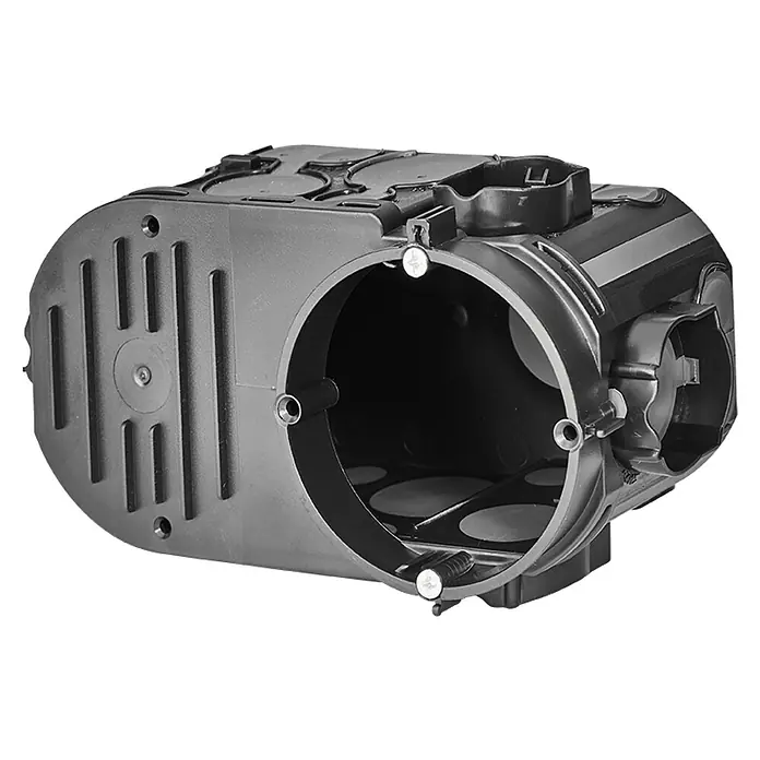 F-tronic Schalterdose UP E550 - Schwarz - Ein schwarzer, runder Verteilerkasten aus Kunststoff, ideal für Elektroinstallationen und sichere Verbindungen.