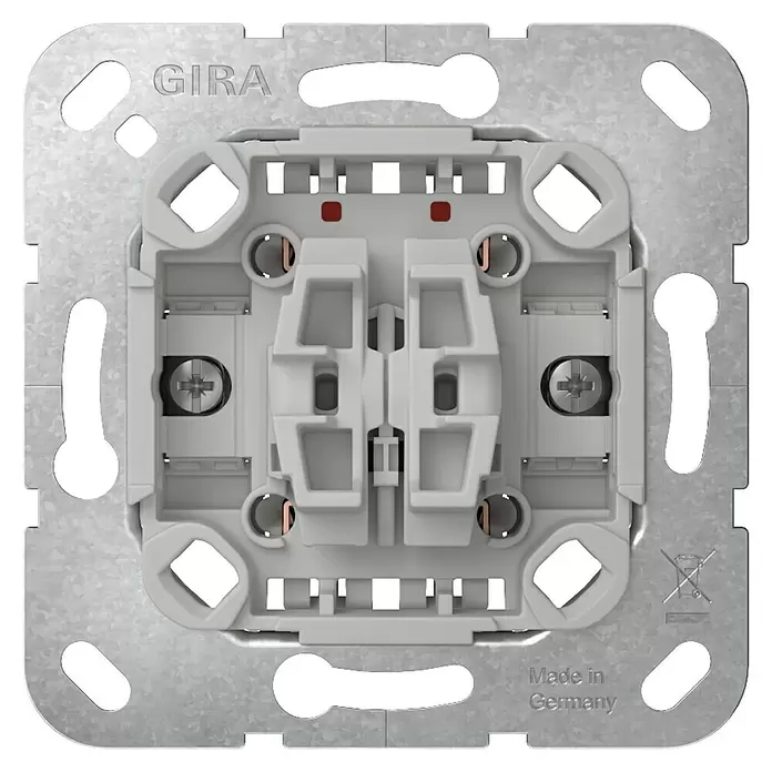 Gira Doppelwechselschalter-Einsatz 310800 - 10 A, Unterputzmontage - Hellgrauer Kunststoff-Schaltereinsatz auf Metallrahmen mit sichtbaren Anschlussklemmen. GIRA Marke, Made in Germany.