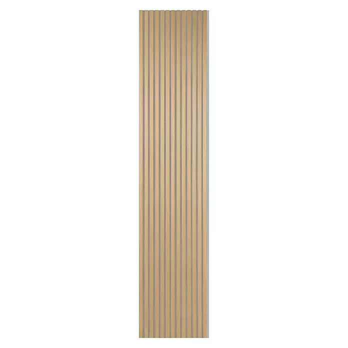 FibroTech Akustikpaneel Quanti - Light Oak grau, 2.440 x 520 x 18 mm - Akustikplatte aus hellem Holz mit Lamellen und grauem Filzhintergrund.