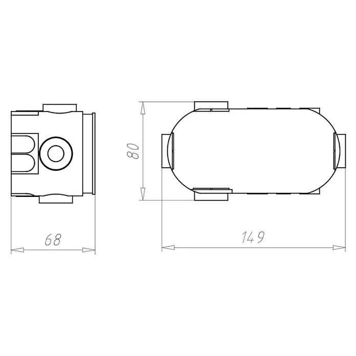 Kaiser Schalterdose ECON® luftdicht - Schwarz - Technische Zeichnung eines ovalen Geräts mit den Maßen 80 x 149 mm und einer quadratischen Komponente von 68 mm.