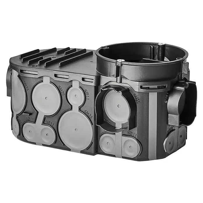 F-tronic Schalterdose UP E550 - Schwarz - Detailaufnahme einer Abzweigdose mit metrischen Ausbrechöffnungen in verschiedenen Größen, ideal für Elektroinstallationen.