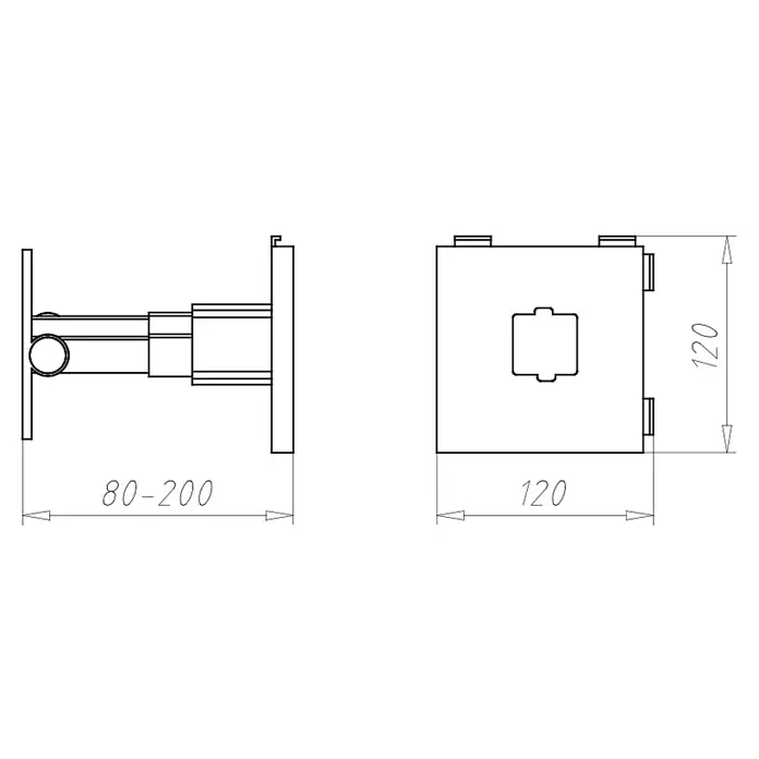 Kaiser Halter Teleskop-Gerätedose 1159-61 - B x L: 120 x 120 mm - Schematische Darstellung eines Handtuchhalters mit Maßangaben für Design und Installation.