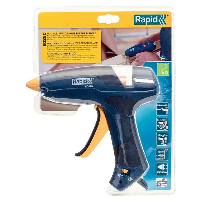 Rapid Pistola termoencoladora EG280 - Diámetro cartucho de cola: 12 mm, 35 W - La pistola de encolado de alto rendimiento Rapid EG280 es perfecta para la estabilidad, con agarre suave, soporte metálico y calentamiento eficiente.
