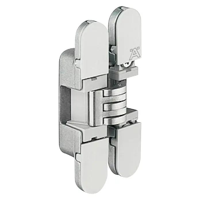 Stabilit Bisagra - L x An: 72 x 14 mm, Cromado/Gris - Una imagen detallada de una bisagra de puerta oculta plateada y sofisticada, combinando funcionalidad robusta con diseño elegante.
