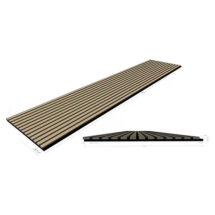 FibroTech Akustikpaneel Quanti - Grey, 2.440 x 520 x 18 mm - Akustikpaneel mit Holzlamellen: 27mm breite beige Lamellen, 13mm Spalten, dunkle Unterlage. 2440x520x18mm zur Schalldämmung.