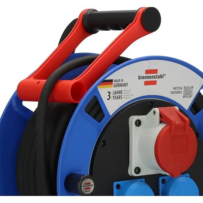 Brennenstuhl Kabeltrommel Garant CEE 1 - Kunststoff, 30 m, H07RN-F, IP44 - Brennstuhl Kabeltrommel mit Tragegriff und Steckdosen. Ideal für Baustellen und den Einsatz im Freien. Robust und zuverlässig.