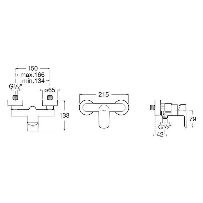 Roca Grifo de ducha Cala - Negro, Mate - Dibujo técnico de un grifo mezclador de pared con conexiones G1/2", incluyendo dimensiones.