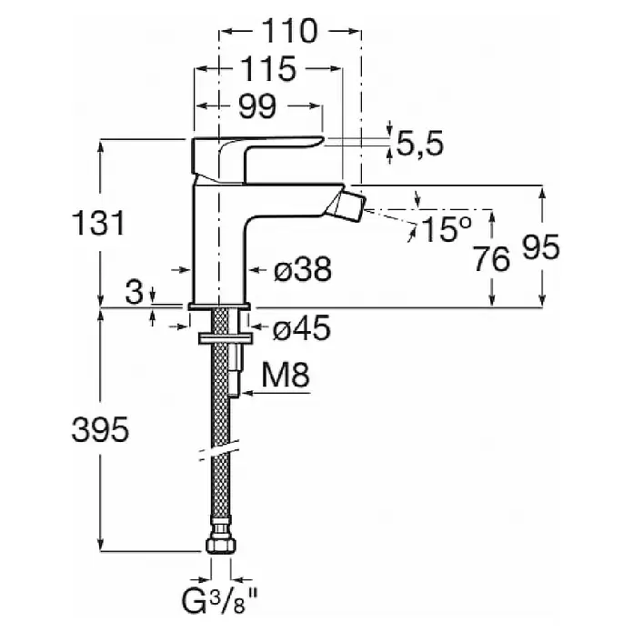 Roca Grifo monomando de bidé Cala - Negro, Mate - Dibujo técnico de un grifo monomando, mostrando dimensiones de altura, alcance del caño y conexión G3/8".