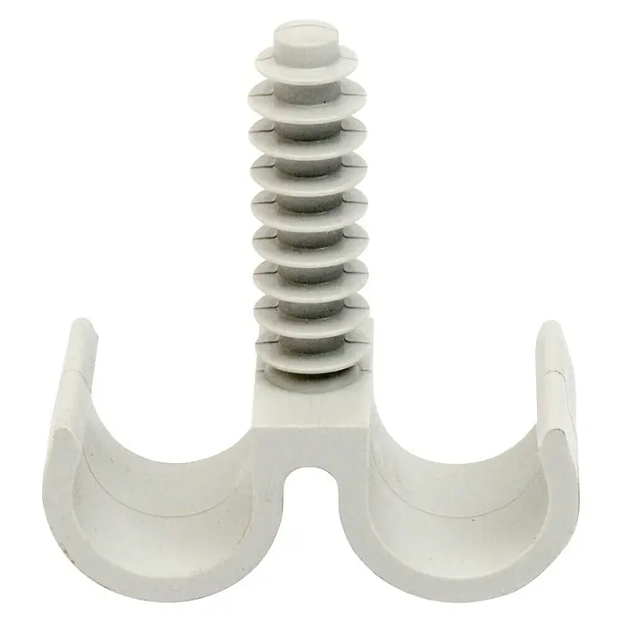 Set de abrazaderas dobles 15 mm con taco - 5 ud., 15 mm - Primer plano de una abrazadera de cable gris con fijación de tornillo para un enrutamiento seguro del cable.