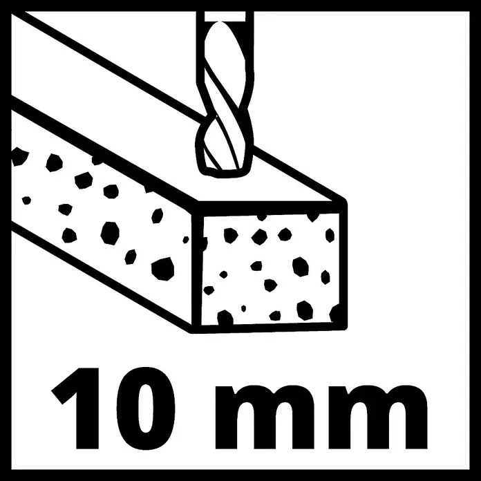 Einhell Classic Schlagbohrmaschine TE-ID 500 E - 550 W, Schnellspannbohrfutter - Illustration eines 10mm Bohrers, der durch einen porösen Stein bohrt, in Schwarz und Weiß.