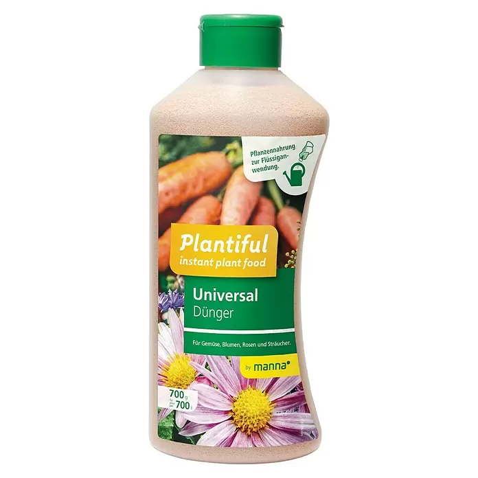 Manna Plantiful Universaldünger - 700 g - Weiße Flasche Universaldünger mit grünem Deckel und Pflanzen-Etikett, 700g.