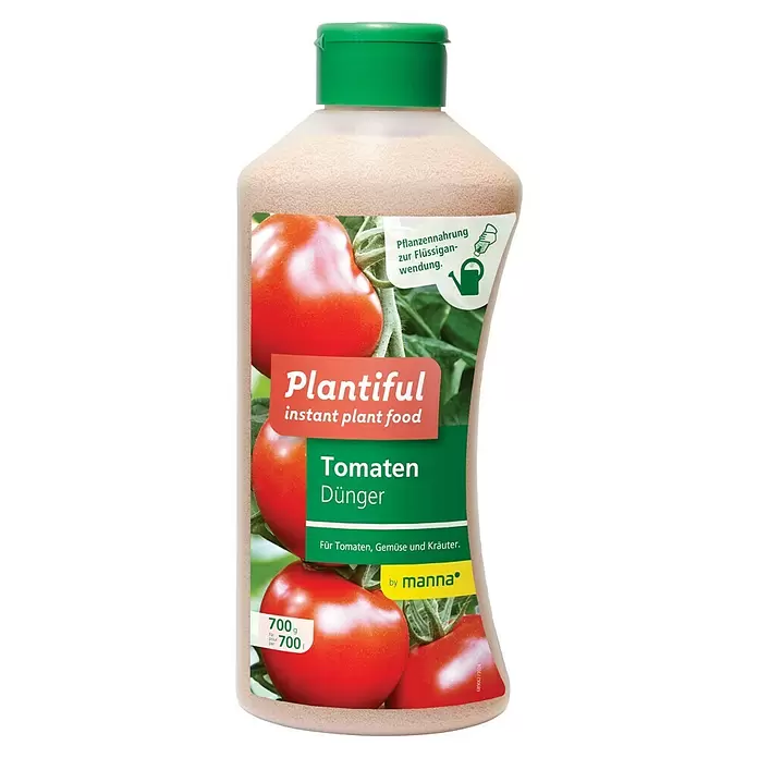 Manna Plantiful Tomatendünger - 700 g - Beige Flasche, Plantiful löslicher Tomatendünger, grüner Deckel, Etikett mit Tomaten.