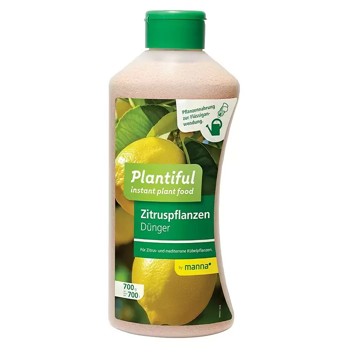 Manna Plantiful Zitrusdünger - 700 g - Helle Flasche mit grünem Deckel, "Plantiful Zitruspflanzen Dünger" für Zitrus- und mediterrane Pflanzen. Granulat zur Flüssiganwendung.