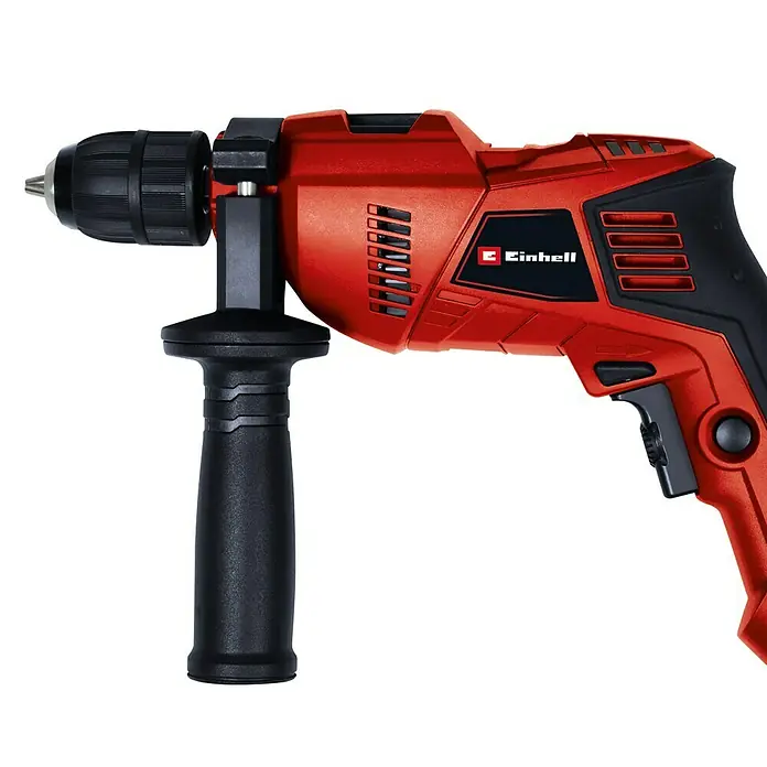Einhell Classic Schlagbohrmaschine TE-ID 500 E - 550 W, Schnellspannbohrfutter - Ein roter Einhell-Bohrhammer mit schwarzem Zusatzhandgriff und Einhell-Logo. Ideal für Heimwerkerprojekte.