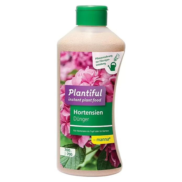 Manna Plantiful Hortensiendünger - 700 g - Beige Granulat-Pflanzendüngerflasche für Hortensien, Marke 'Plantiful', mit grünem Verschluss. 700g.
