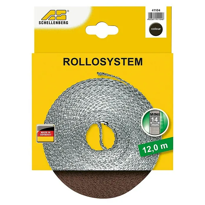 Schellenberg Cinta para persiana - Marrón, Largo: 12 m, Anchura de la correa: 14 mm - Cinta de persiana Schellenberg Mini, 14 mm de ancho y 12,0 m de largo, presentada en cartón amarillo.