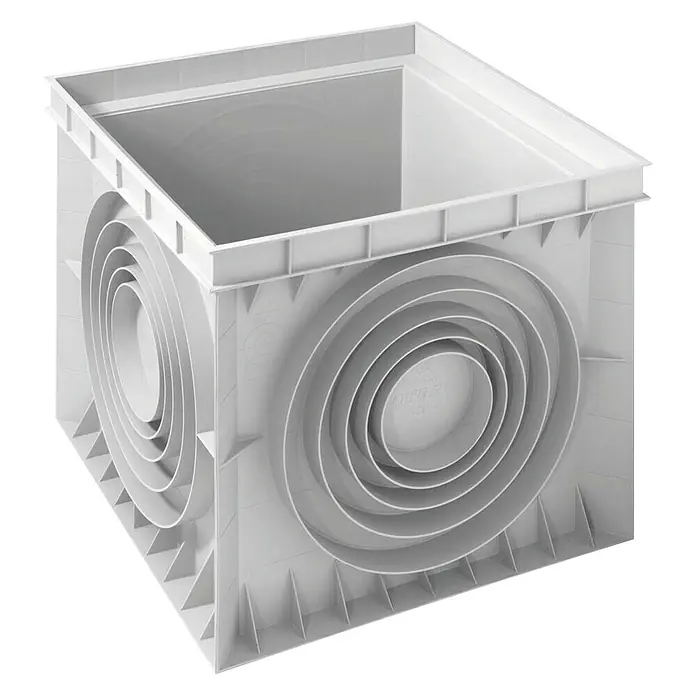 Arqueta con marco y tapa Seventy de Dakota 3 piezas - 73,5 x 73,5 x 65 cm - Cámara de inspección de plástico blanco con múltiples círculos concéntricos en los lados. El producto está diseñado para sistemas de drenaje.