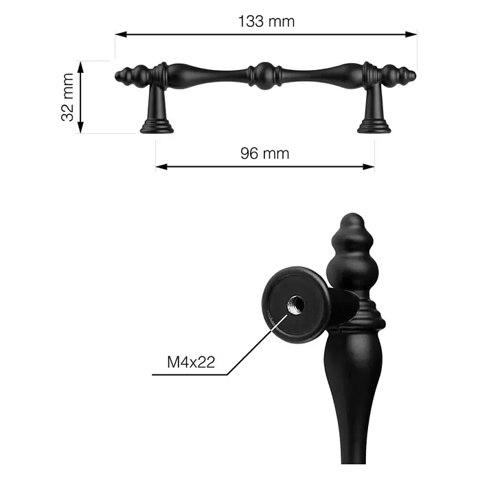 Walteco Möbelgriff Reus - Lochabstand: 96 mm, Sonstige, Schwarz matt - Schwarzer Möbelgriff aus Metall, 96 mm Lochabstand, 133 mm Gesamtlänge, 32 mm Höhe. Inkl. M4x22 Schrauben.