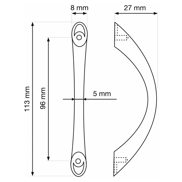 Walteco Möbelgriff Gitka - Lochabstand: 96 mm, Sonstige, Verchromt matt - Technische Zeichnung eines gebogenen, länglichen Möbelgriffs mit Maßen, von vorne und seitlich.
