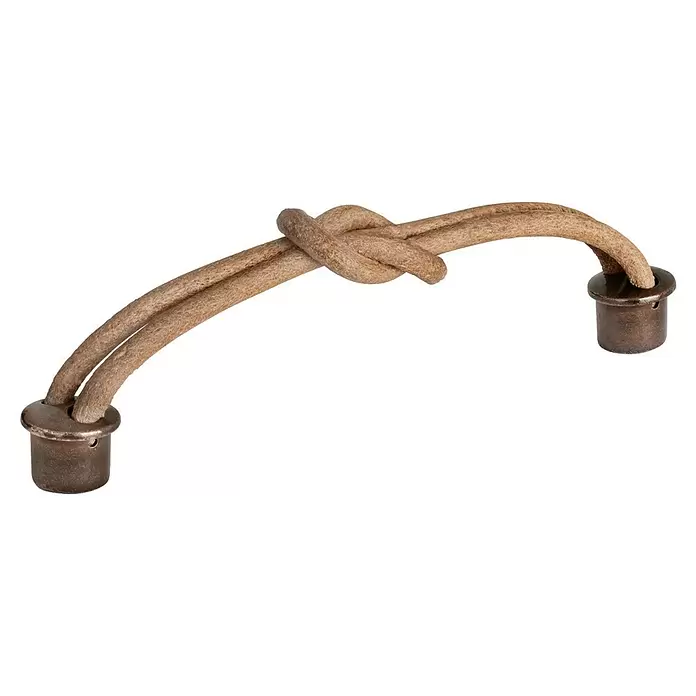 Walteco Möbelgriff Rimini - Lochabstand: 128 mm, Leder, Leder-Optik - Braune, geknotete Schnur mit dunklen Metallendkappen.