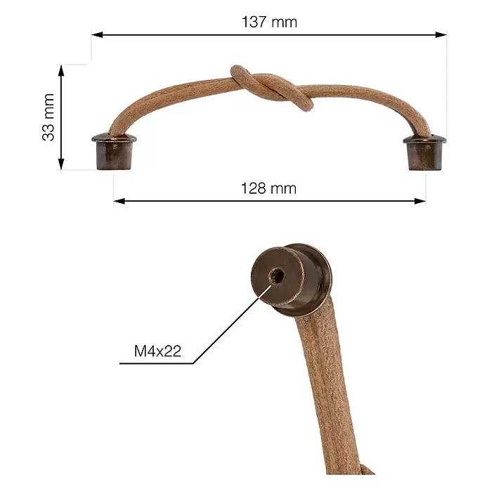 Walteco Möbelgriff Rimini - Lochabstand: 128 mm, Leder, Leder-Optik - Brauner geknoteter Seil-Schubladengriff mit Bronze-Endkappen. Verfügt über M4x22 Schraubbefestigungen und 128mm Lochabstand.