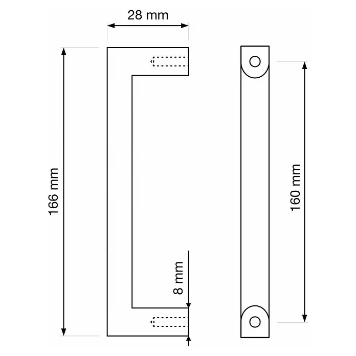 Walteco Möbelgriff Prisma - Lochabstand: 160 mm, Sonstige, Edelstahl-Optik - Technische Zeichnung eines Türgriffs mit Maßen: 166mm Länge, 28mm Ausladung, 8mm Dicke, 160mm Bohrabstand.