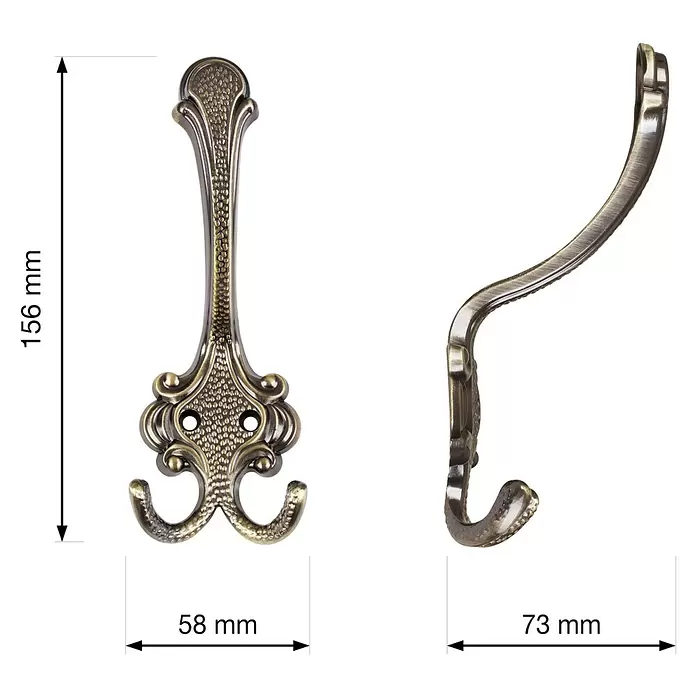 Walteco Garderobenhaken Geel I - L x B x H: 156 x 58 x 73 mm, Anzahl Haken: 3 Stk., Brüniert - Antiker Messing-Doppelhaken, verziert, 156mm hoch, 73mm tief.