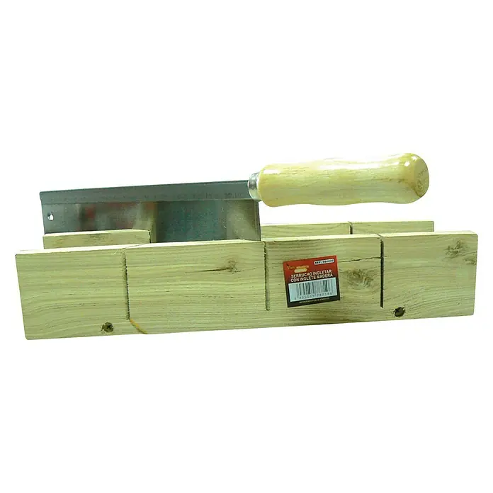 Sierra de costilla con caja corta ingletes - Acero - Caja de ingletes con serrucho. La caja de ingletes es de madera, el serrucho tiene mango de madera y hoja de metal.
