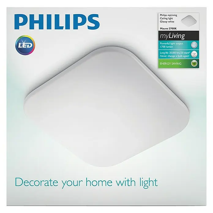 Philips Plafón LED Mauve - 17 W, L x An x Al: 32,2 x 32,2 x 7,5 cm, Blanco - Se muestra una lámpara de techo LED Philips myLiving Mauve 2700K en blanco brillante, que decora tu hogar con su luz de ahorro de energía.