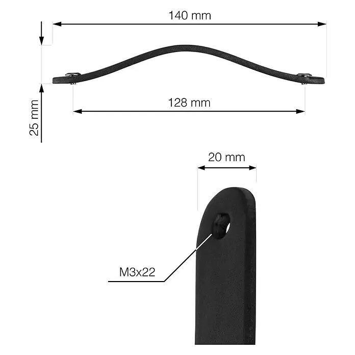 Walteco Möbelgriff Tolga - Lochabstand: 128 mm, Leder, Schwarz - Schwarzer, wellenförmiger Zuggriff, 140mm Gesamtlänge, mit 128mm Befestigungslochabstand und M3x22 Schrauben.
