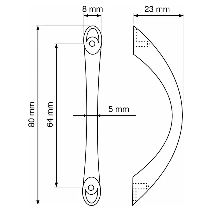 Walteco Möbelgriff Gitka - Lochabstand: 64 mm, Sonstige, Verchromt - Technische Zeichnung eines gebogenen Bügelgriffs, 80mm lang, 64mm Bohrabstand, 23mm Ausladung, 8mm Endbreite.