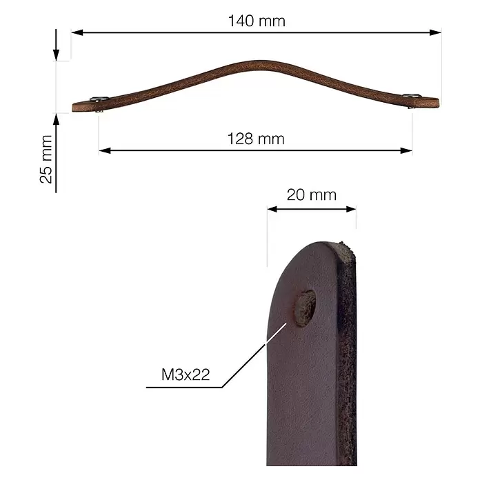 Walteco Möbelgriff Tolga - Lochabstand: 128 mm, Leder, Dunkelbraun - Brauner Ledergriff, 140 mm Gesamtlänge, 25 mm Höhe, mit M3x22 Schrauben.