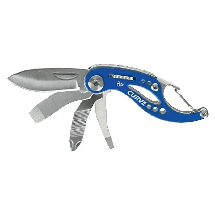 Gerber Multiherramienta plegable Curve - Bloqueo de hoja automático, Apto para: Cazador - Aquí tienes una multiherramienta Curve, con una sección de mango con forma azul, una hoja y una variedad de herramientas para el uso diario.