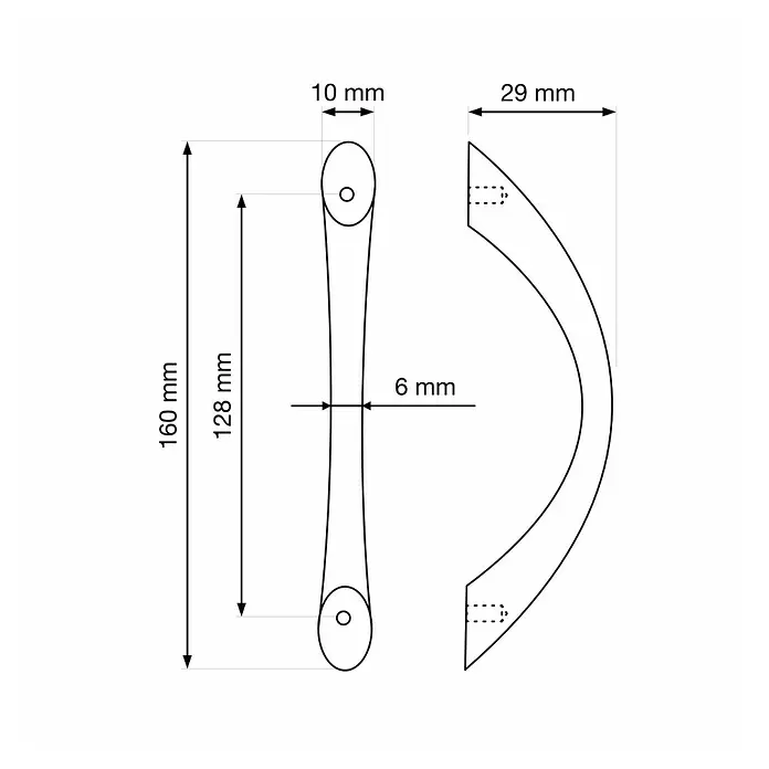Walteco Möbelgriff Gitka - Lochabstand: 128 mm, Sonstige, Vernickelt matt - Technische Zeichnung eines Griffs mit 128 mm Lochabstand, 160 mm Gesamtlänge und 29 mm Tiefe.
