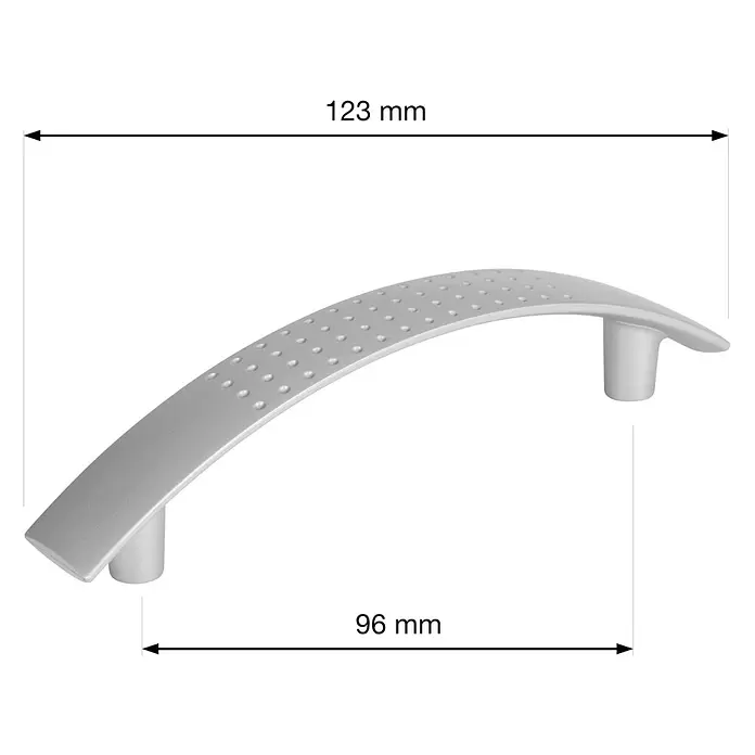 Walteco Möbelgriff Porto - Lochabstand: 96 mm, Kunststoff, Verchromt matt - Silberner gebogener Möbelgriff, 123mm Gesamtlänge, 96mm Lochabstand.