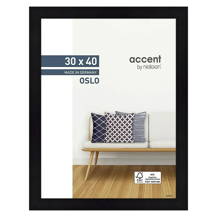 Accent Holzrahmen Oslo - 30 x 40 cm, Schwarz - Schwarzer Nielsen-Fotorahmen, 30 x 40 cm, mit Akzent-Design, hergestellt in Deutschland, ideal für Fotos oder Kunstdrucke.