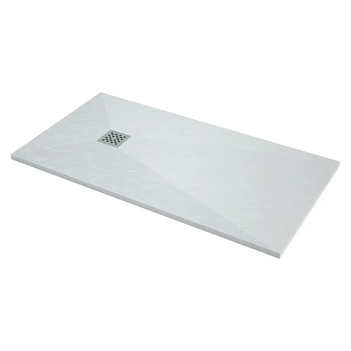 Plato de ducha aligerado Terra - L x An: 70 x 120 cm, Carga mineral, Blanco - Imagen de un moderno plato de ducha rectangular con un desagüe cuadrado en el centro. El diseño sencillo y el color claro complementan perfectamente cualquier baño.