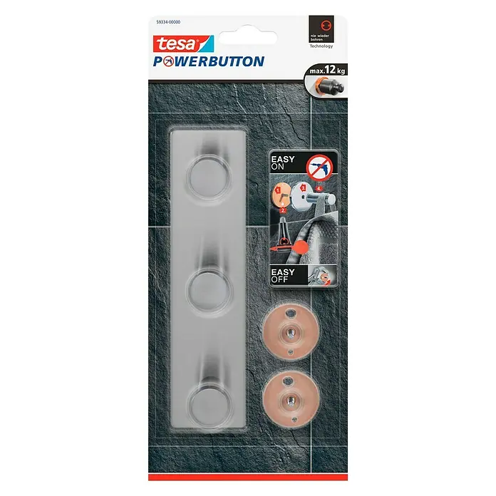 Tesa Powerbutton Hakenleiste Classic - Rechteckig, Edelstahl, Selbstklebend - Tesa Powerbutton: Wiederverwendbare Befestigungslösung für Gegenstände bis max. 12 kg, ideal für Bad und Küche, einfache Montage ohne Bohren.