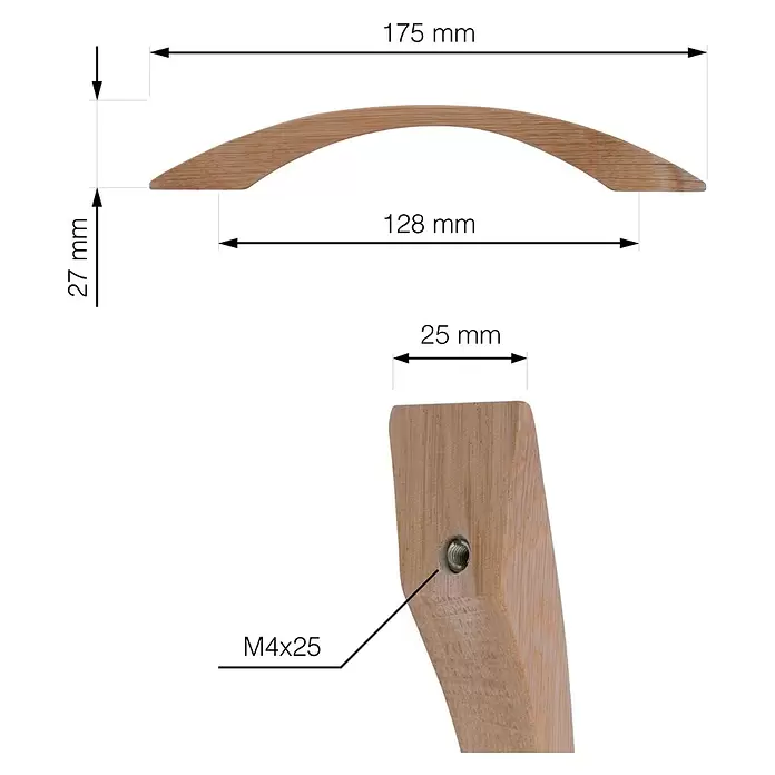 Walteco Möbelgriff Bondy - Lochabstand: 128 mm, Holz, Holz-Optik - Gebogener Möbelgriff aus hellem Holz, Maße 175x27x25mm, mit M4x25 Schraubbefestigung.