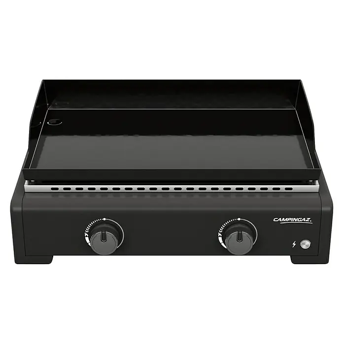 Campingaz Barbacoa de gas Othello - Superficie de la parrilla (An x Pr): 58 x 36 cm, 6 kW, Número de quemadores: 2 - La imagen muestra una parrilla Campingaz negra con dos mandos de control y una superficie de cocción, ideal para cocinar al aire libre.